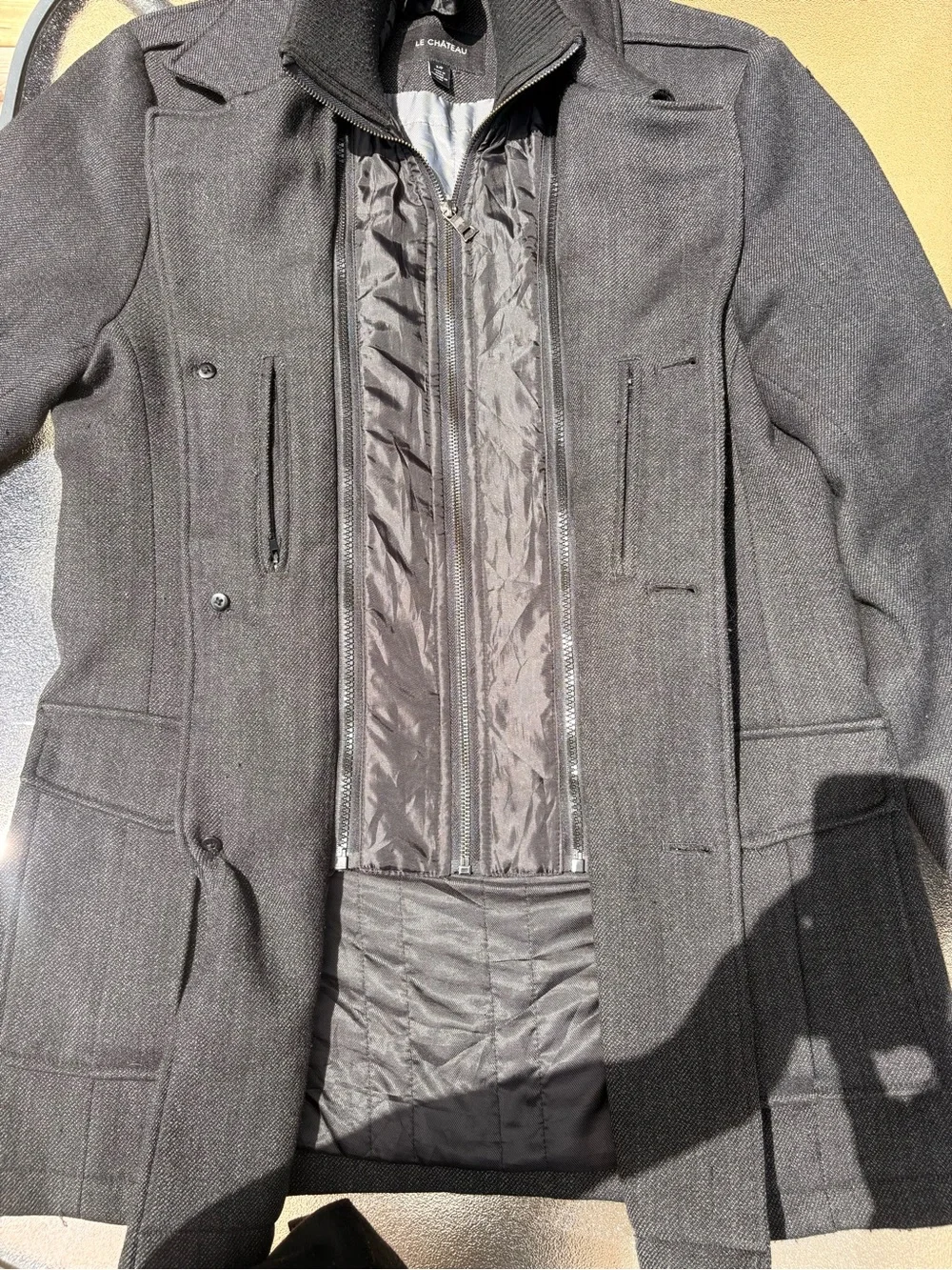 la Chateau Men's Dark Gray Wool Blend Button-Front Coat. Size small fitted. - Picture 2 of 11